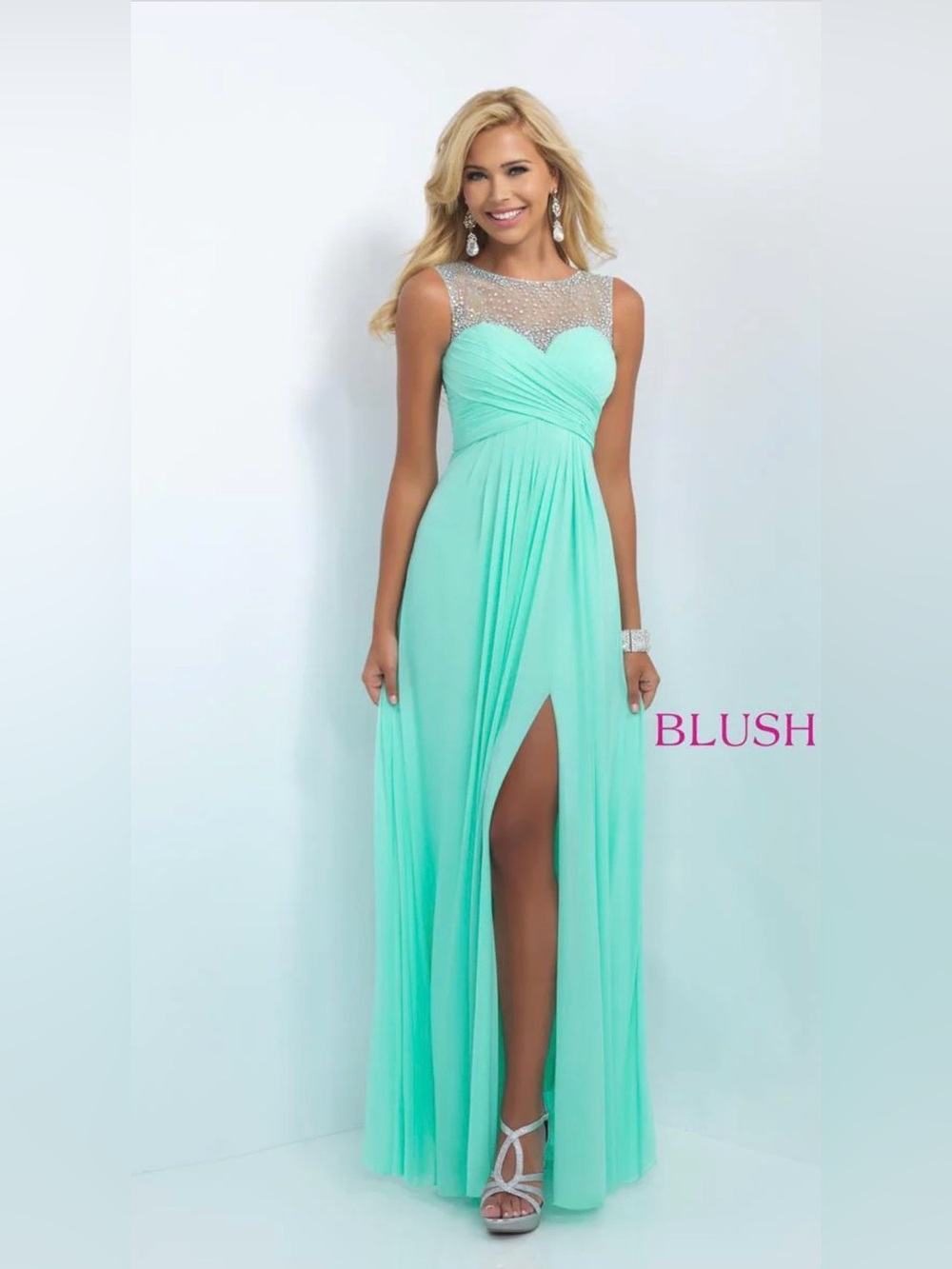 Blush 11096 - Sz 2 - Mint Green /  Rhinestone Illusion Neckline and Back